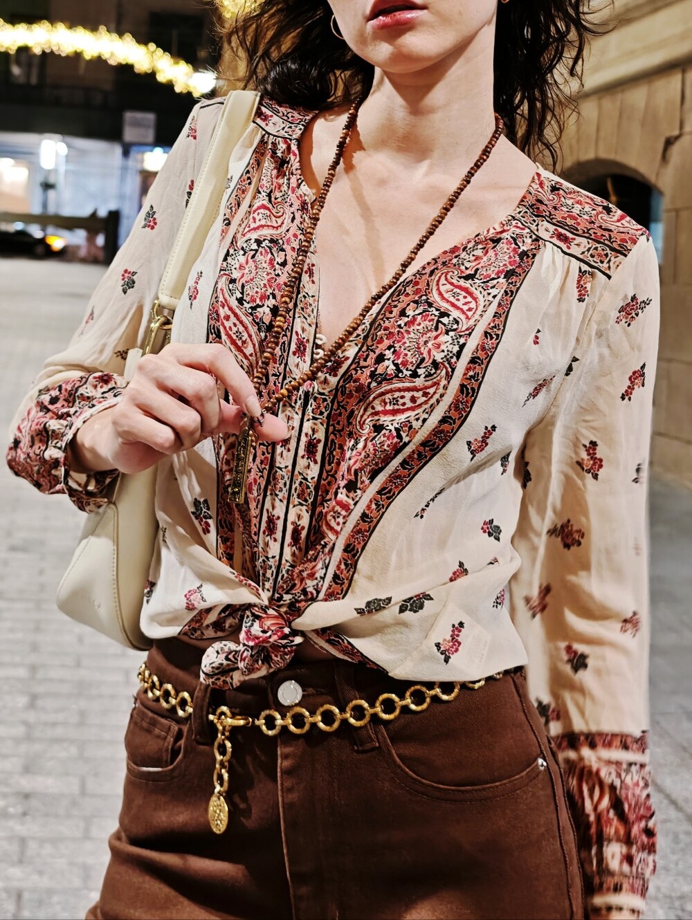 Joie Silk Paisley Peasant Blouse v neck key hole buttons burgundy red peach